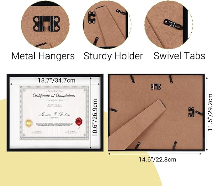 Rempry 11x14 Picture Frame, Display 8.5x11, 8 1/2x11 Certificate Document Award with Mat or 11x14 Without Mat, Wall Gallery Photo Frames, Black, 1 Pack
