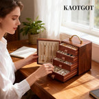 Wooden Jewelry Box for Women 4 Tier Walnut Wooden Jewelry Box with handle (Flower and butterfly prints B)