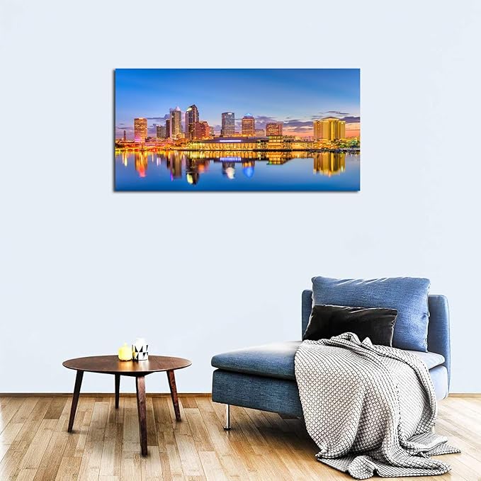 AIYISU Florida Wall Art Tampa Downtown Skyline Canvas Picture USA City Landscape Wall Decor, Modern Cityscape Painting Night River Prints Poster Artwork for Living Room Bedroom Home Decoration 24x48