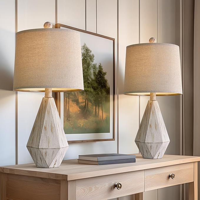 PoKat 20.25" Rustic Table Lamp Set of 2 for Bedroom Living Room Vintage Retro Traditional Nightstand Bedside Lamps Kids Room Study Room Office with Linen Shade, Suitable for Small Place