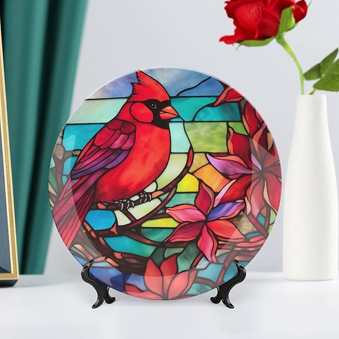 Cardinal Bird Stained Glass Design Decorative Plates Home Decor Ceramic Plates, Dinner Plates Display for Living Room, Kitchen, Hallway Console Side Table, Presents for Loss of Loved, 10 Inch