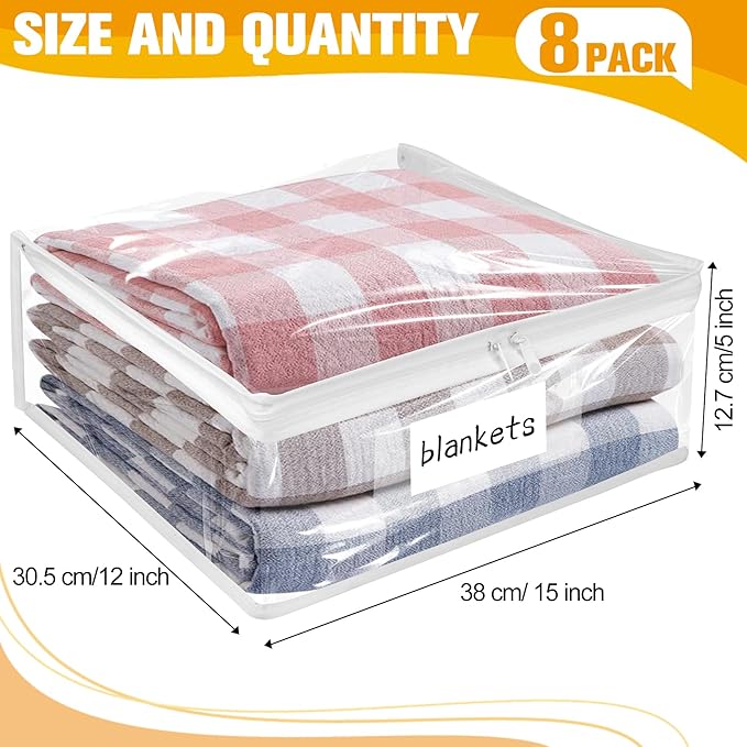 Kikerike Plastic Storage Bags with Easy-Glide Zipper, Pack of 8, Durable Clear Vinyl Zippered Storage Bags for Clothes Sweaters Comforters Blankets Sheets Bedding (15 x 12 x 5 Inch)