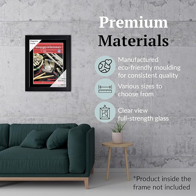 Creative Picture Frames 9 x 11.87 Magazine Frame with Full-Strength Glass, Holds Up To A 1/4" Thick Media with Installed Hangers for Easy Mounting, 11x14 Black Frame with Black Mat
