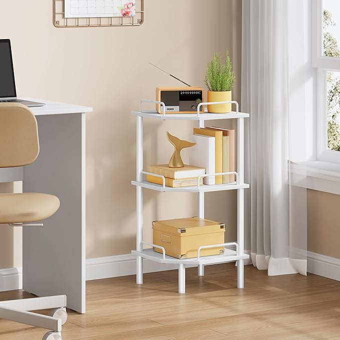 Tajsoon Corner Shelf Stand, 3 Tier Industrial Corner Shelves, Multipurpose Standing Display Shelf, Corner Shelving Unit for Bedroom, Living Room, Office, Kitchen, White