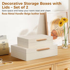 Decorative Box, Decorative Boxes with Lids 2-Set, Memory Box for Keepsakes, Beautiful PU Leather Decorative Storage Boxes in Style, Decor Box with Rose Metal Handle, Store Photos, Documents Beige