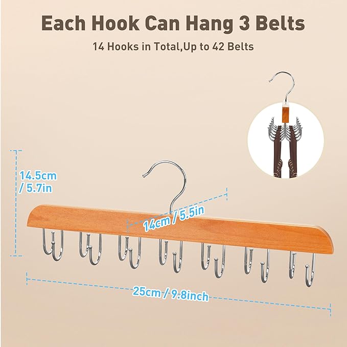 Belt Hanger for Closet, 360° Rotating Tie & Belt Rack for Storage with 14 Hooks,Versatile Hanger Rack with Hooks(2Natural)