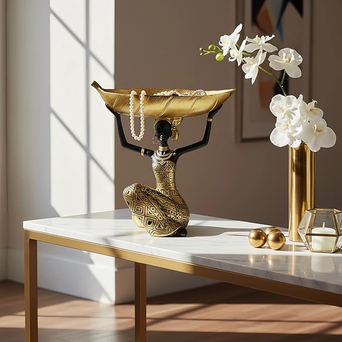 Lescafita African Woman Sculpture with Gold Leaf Bowl, Handmade Resin Figurine, Exotic Tribal Art Statue for Living Room, Dining Table, or Entryway Decoration