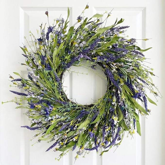 Jobflower 24 Inch Lavender Wreath for Front Door - Artificial Spring Wreath with Realistic Blue Berries - Lifelike Farmhouse Wall Decor for All Seasons