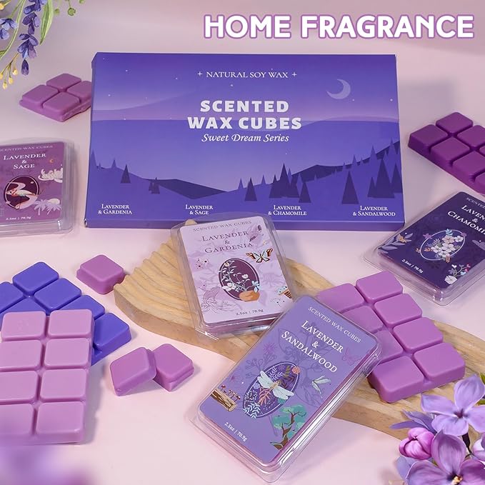SCENTORINI Wax Melts, Wax Cubes Strong Scent, Lavender Scented for Sleep, Summer Scents Wax Melts for Warmer, 2.5 oz 4-Pack - Lavender & Gardenia, Sage, Chamomile, Sandalwood