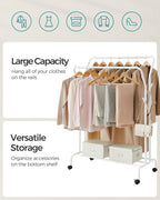 SONGMICS Clothes Rack, Double-Rod Clothing Rack for Hanging Clothes with Wheels, Garment Rack, Metal Frame, 220 lb Max. Total Load, 40.7 Inches Wide, Clothes Storage and Display, White UHSR107W01