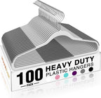 HOUSE DAY Heavy Duty Plastic Hangers 100 Pack, Clothes Hangers with Non-Slip Rubber Pads - 0.2 Inch Thin Space Saving Coat Hanger for Closet Organizer, 360° Swivel Hook for Shirts, Pants, Suit (Grey)