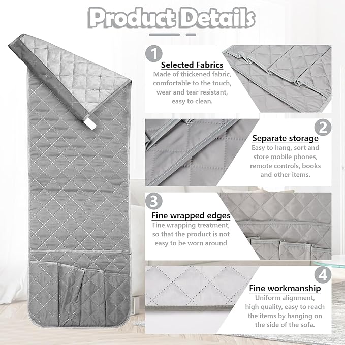 Huakaile Foldable Remote Control Holder Non-Slip Couch Sofa Chair Waterproof Armrest Organizer with 5 Pockets Armrest Organizer Couch Recliner Caddy Fits for Ipad, Phone, Magazines (Grey)