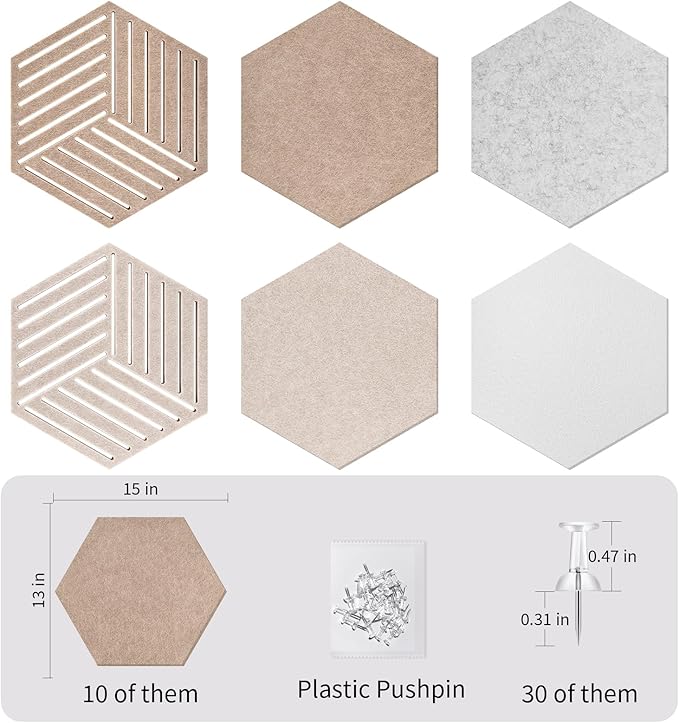 15'' Hexagon Cork Board Tiles Alternative 10 Pack, Adhesive Large Corkboard for Office Decorative, Hexagonal Felt Bulletin Board Tiles for Wall Vision Board, Sound Absorption Pin Board