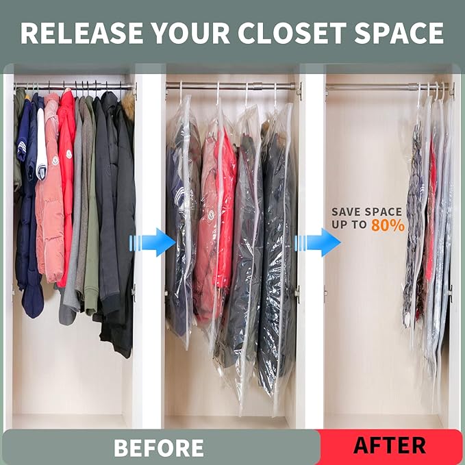 Meetall 6Pack Hanging Vacuum Storage Bag Reusable Space Saver Compressed Bag with Hangers.3pcs in 26.3x35.4inch(67x90cm) and 3pcs in 26.3x43.3inch (67x110cm).Work with Any Vacuum Cleaner.