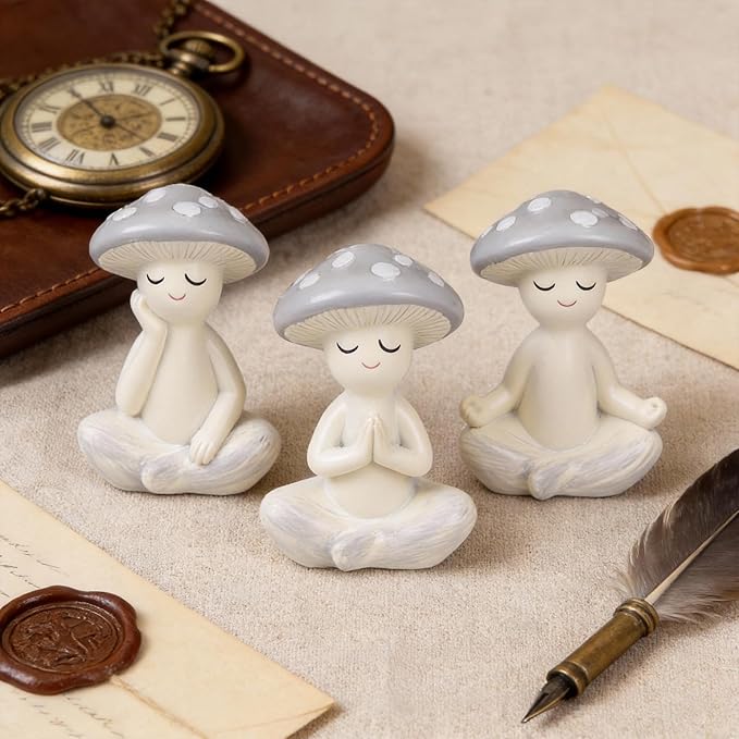 3 Pcs Mushroom Decor Figurines - Meditation Decor Statues for Living Room, Bedroom, Office - Resin Sculptures for Mindfulness Enthusiasts Home Decor Lovers Nature Lovers (Grayish White)