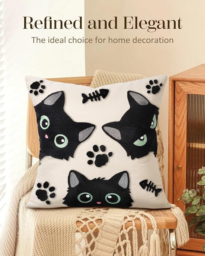 Embroidered Throw Pillow Cover 18x18 Inch - Spring Summer Boho Decorative Pillow Cover with Zipper for Living Room Couch Sofa Bed Aesthetic Design Three Cat Bone Cushion Pillowcase