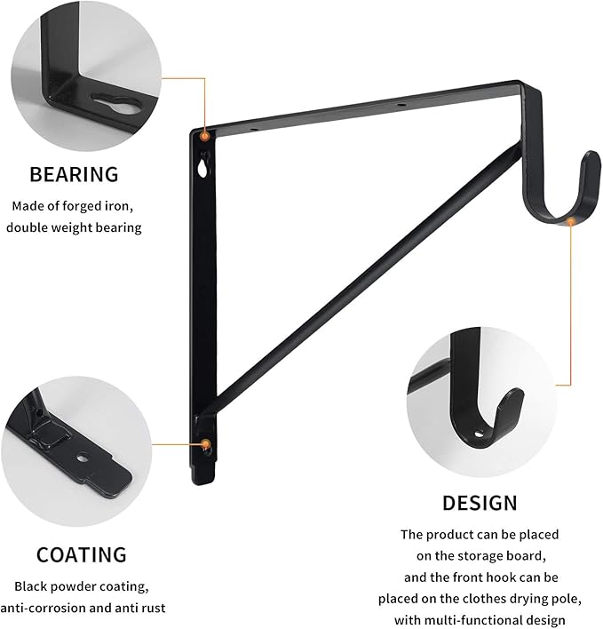 4 Pack Heavy Duty Closet Shelf & Rod Brackets,Closet Rod Bracket,Shelf Brackets Clothes,Closet Shelves Bracket with Rod Shelving Support,with Screws Black