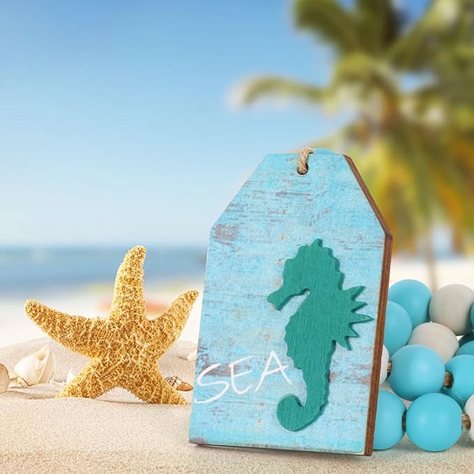 Meplait Wood Bead Garland, Coastal Tassel Garland with Seahorse Tag Beach Farmhouse Decor for Tiered Tray Table Centerpiece Wall Home Decoration