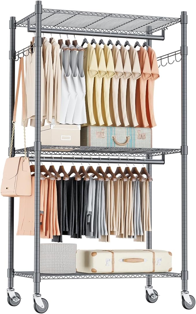 Homdox Garment Rack Heavy Duty, 3 Tier Rolling Clothing Racks for Hanging Clothes, Metal Wardrobe Closet, Free-Standing Clothes Organizer Rack with Double Rods & Side hooks, Gray