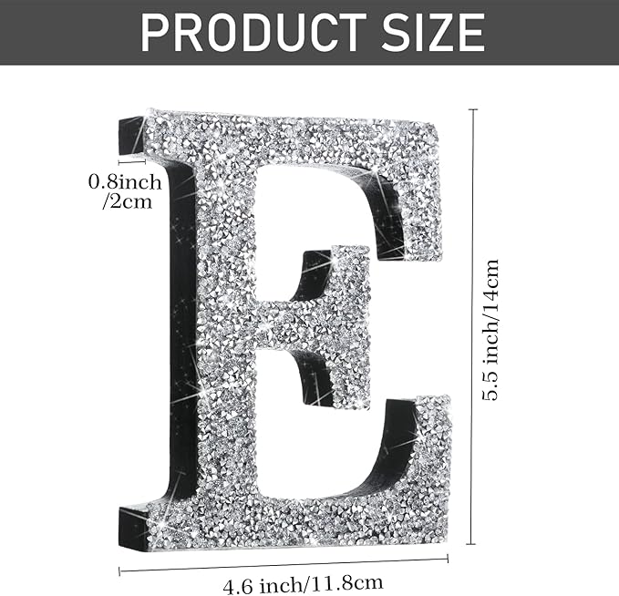Qunclay 5.7" Silver Crystal Diamond Bling Letters Crushed Diamond Decoration Wooden Glitter Letter with Screw and Hooks Rhinestone Gift for Wedding Y2k Mcbling Bedroom Wall Decor (Letter E)