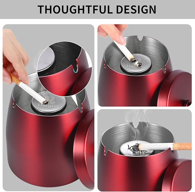 HARTAR Smokeless Ashtrays for Cigarettes Indoor, Ash Tray Sets Outdoor Windproof Cute Home Large Funny Metal Outside Ashtray with Lid for Cigarettes Butt Can for Outside Patio, Red, Large
