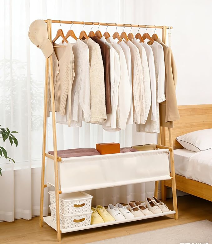 Bamboo Clothes Rack with Storage Box and Storage Shelf, Portable Extra Large Garment Rack Clothing Rack, Foldable Wardrobe For Entryway and Bed Room (L - 47.2 Inch)