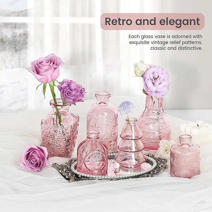 Mini Bud Vases Centerpieces for Tables,Clear Bud Vases for Flowers,Small Flower Vases Suitable for Birthday Party,Anniversary,Wedding Reception,Baby Shower (Pink, 12PCS)