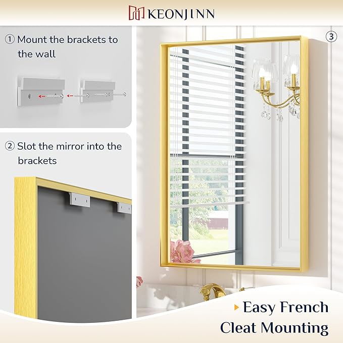 Keonjinn 22 x 30 Inch Gold Bathroom Mirror for Over Sink Brushed Gold Rectangle Wall Mounted Mirror Metal Frame Modern Farmhouse Mirror with Square Corner Framed Mirror(Horizontal/Vertical)
