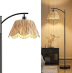 Oneach Arc Floor Lamp for Living Room,Rattan Boho Floor Lamp with Hand-Woven Shade, Foot Switch,Black Metal Base & Pole,Farmhouse Standing Lamp for Bedroom Corner,Reading