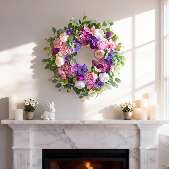 Spring Wreaths for Front Door Outside- 24 Inch Summer Wreath with Blush Pink Roses & Purple Blooms and Hydrangeas,Luxury Spring Door Wreath for Porch,Home,Wall,Window Decor(Indoor Outdoor Use)