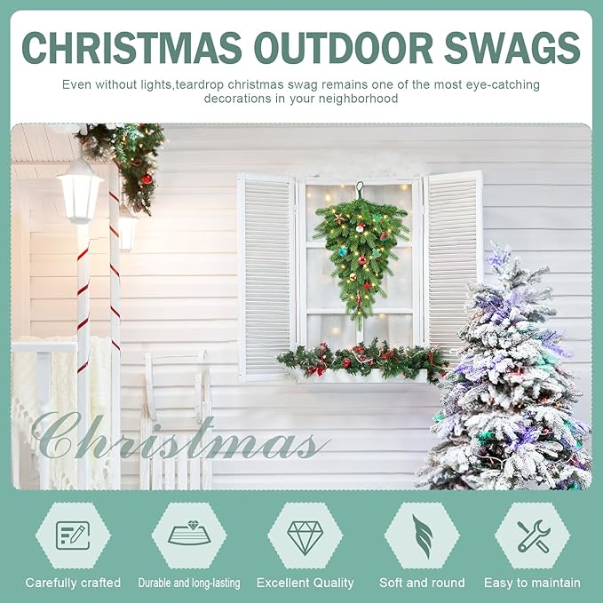 Pre-lit Artificial Christmas Teardrop Swag With 30 LED - 24 in Pine Greenery for Staircase Decorations