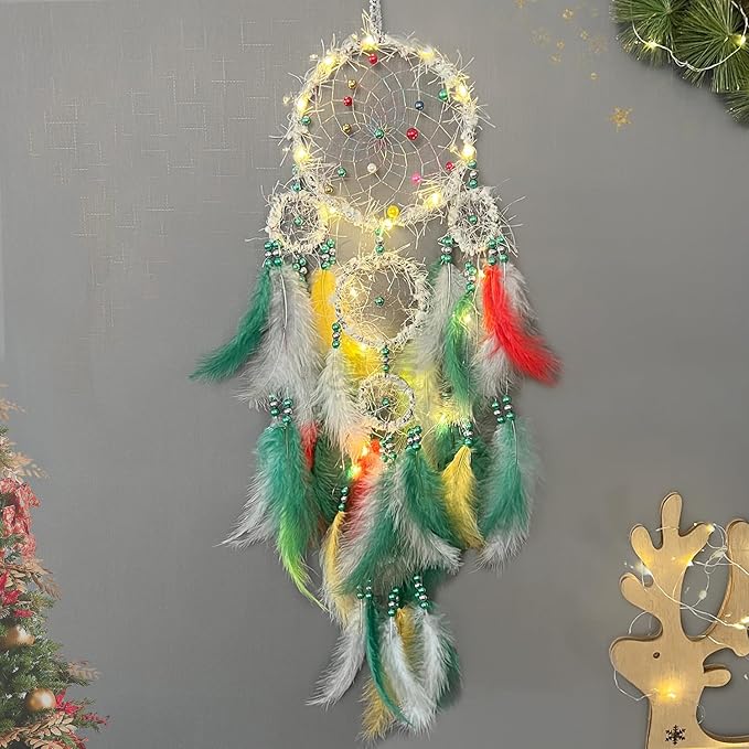 Christmas Rings Dream Catcher with Lights Handmade Christmas Dreamcatcher Hanging Decoration Home Wall Decoration Craft Ornament