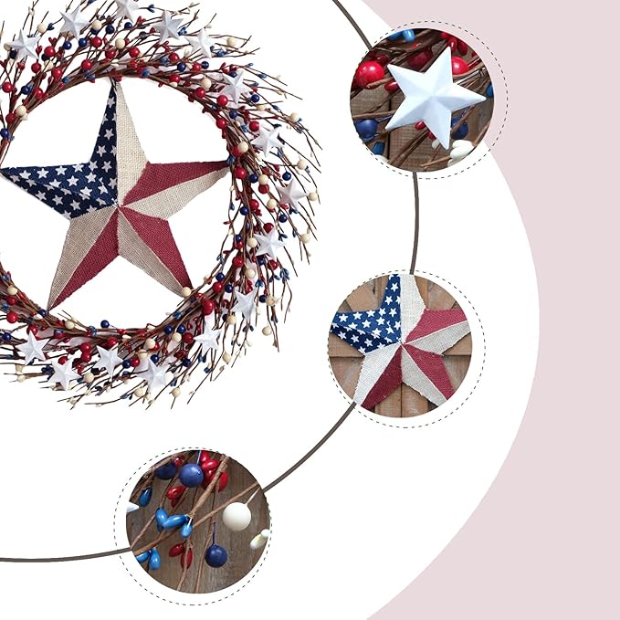 TEMPUS 18" Patriotic Wreath with Burlap Flag Star Artificial 4th of July Decor for Front Door, Indoor Wall & Gifting