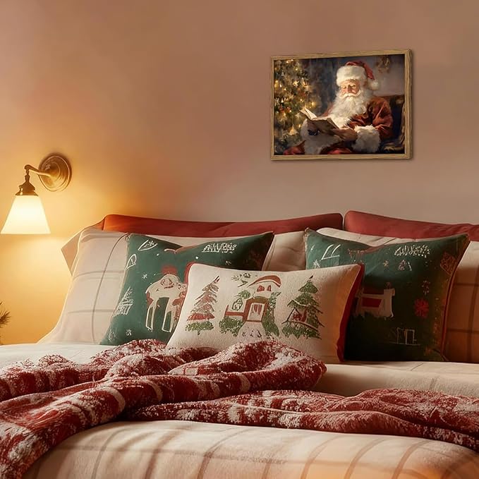 Framed Vintage Christmas Canvas Wall Art, Santa Claus Reading Book Paintings Wall Decor, Rustic Winter Holiday Pictures Prints for Living Room Bedroom Home Decoration 12×16 inch
