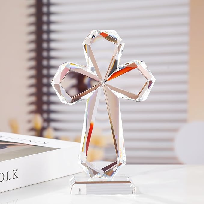 YWHL Clear Crystal Standing Cross Figurine Decor, Holy Cross Collectible Figurines Decoration, Religious Gifts for Women Men, Handmade Christian Easter Cross for Home Office