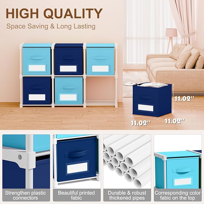 Geelin 6 Blue Cube Storage Organizer with Fabric Bins and Labels, 11 Inch Collapsible Toy Organizer Shelf Storage Bins Dresser Drawer for Boys Bedroom Nursery Playroom Room Decor