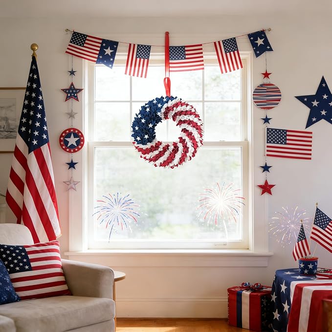 18 Inch Patriotic Red White Blue Wreath for Front Door, 4th of July Soft Touch Flower Wreath for Indoor Outdoor, Independence Day Memorial Day American Flag Wreaths