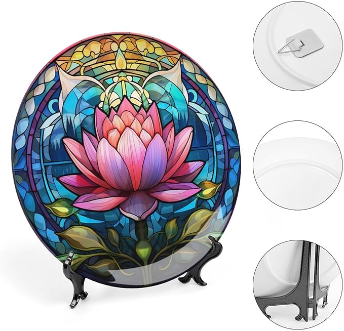 Boho Water Lily Stained Glass Print Decorative Plates Home Decor Ceramic Plates, Dinner Plates Display for Living Room, Kitchen, Hallway Console Side Table, Presents for Lotus Lover, 10 Inch