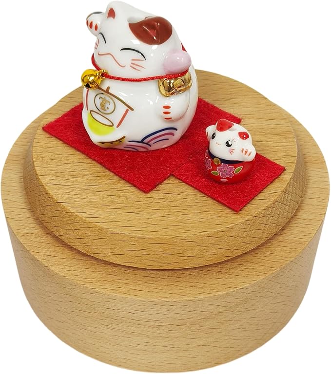 Briskfeel Rotating Lucky Cat Music Box | Ceramic Maneki Neko Figurine on Wooden Base Musical Box | Feng Shui Wealth & Prosperity Decoration | Desk Decor Good Fortune Gift (Lucky Cat)