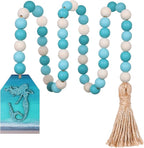 Meplait Wood Bead Garland, Coastal Tassel Garland with Mermaid Tag Beach Farmhouse Decor for Tiered Tray Table Centerpiece Wall Home Decoration