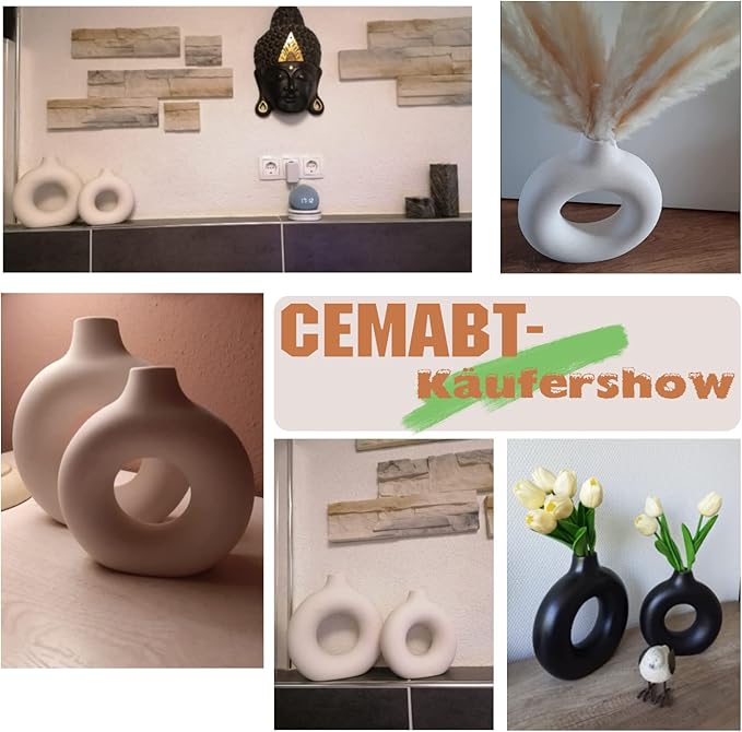 CEMABT White Donut Vase Hollow Ceramic Vase for Flowers Handmade Minimalist Boho ins Style Modern Home Decor for Wedding Dinner Table Party Living Room Office Bedroom（L，White）