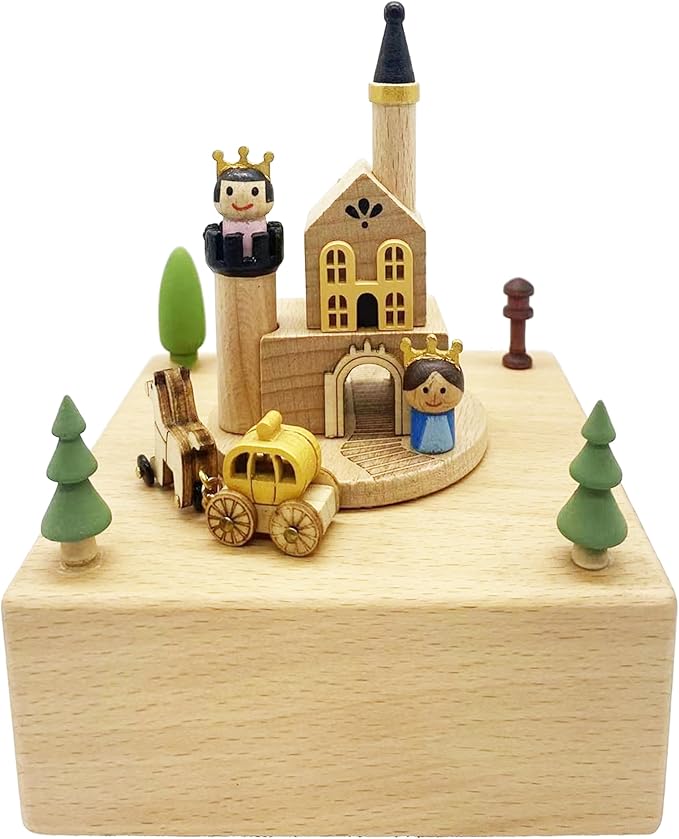 Natural Solid Wood Handcrafted Beech Wooden, Musical FigureTotoro/Carousel/Fairy/Ballerina Figurine,Rotating Hand Crank Mechanism Music Box,Musical Decorations (Prince and Princess)
