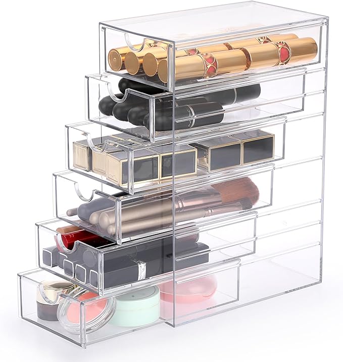 Hipiwe Plastic Drawer Organizer Clear Desktop Drawers Box with 6 Pull Out Drawer Compact Storage Box for Cabinet Vanity Bathroom Bedroom Pantry Shelf Office Closet Organization