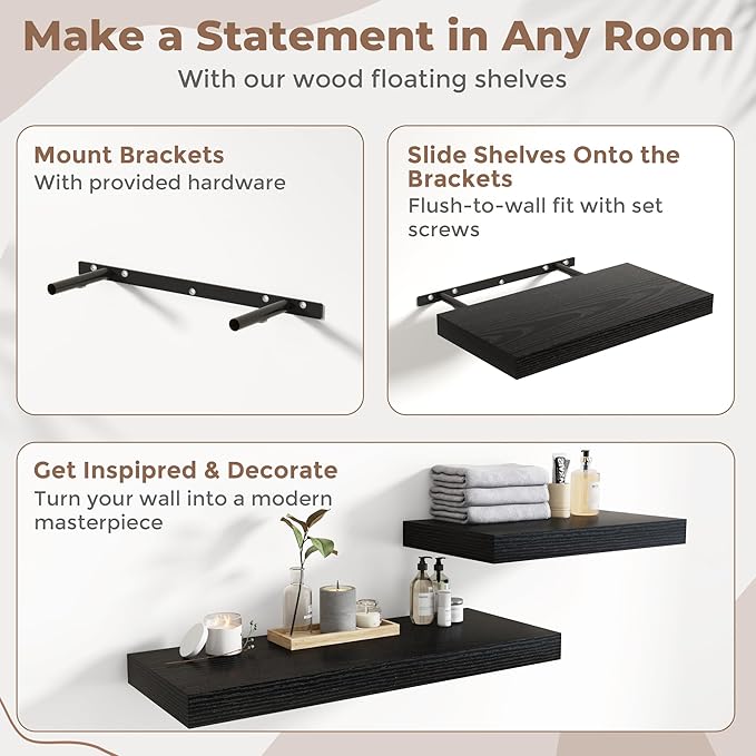 40 Inch Long Floating Shelves for Wall Set of 2, 12"D Wood Grain Bathroom Shelves with Invisible Brackets, Easy Install Engineered Wood Storage Shelves for Kitchen, Living Room, Bedroom, Black Finish