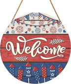 Memorial Day Decorations Door Sign for Front Door, Independence Day Patriotic Wreaths Welcome Sign, Round Wood Hanging Door Sign for Memorial Day 4th of July Patriotic Wreaths Outdoor 12”x 12”