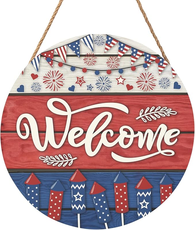 Memorial Day Decorations Door Sign for Front Door, Independence Day Patriotic Wreaths Welcome Sign, Round Wood Hanging Door Sign for Memorial Day 4th of July Patriotic Wreaths Outdoor 12”x 12”