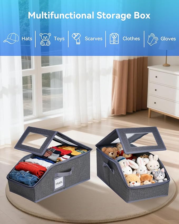 2PCS Stackable Hat Organizer for Baseball Caps, Hat Organizer Holds up to 30 Caps for Closet with Clear Window, Sturdy Frame Hat Storage for Men & Women, Space Saving (Drak Grey)