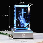 YWHL 3D Crystal Cross Figurine with Colorful Light Base, Laser Engrave Praying Hands Religious Gifts for Women Man, Christian Gifts for Friend