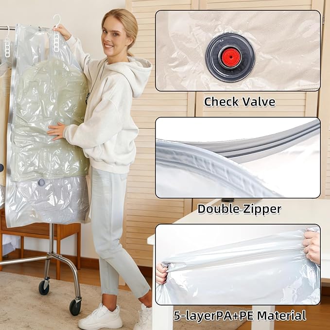 4 Pack Hanging Vacuum Storage Bags with Electric Pump (2 Long 2 Short), Vacuum Seal Space Saver for Suits, Jackets, Coats, Closet Organization (4)
