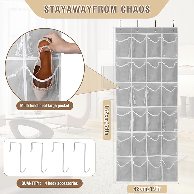 Over the Door 24 Pocket Hanging Shoe Organizer, Space Saving Hanging Storage Holder, Gray, (64" X 19")